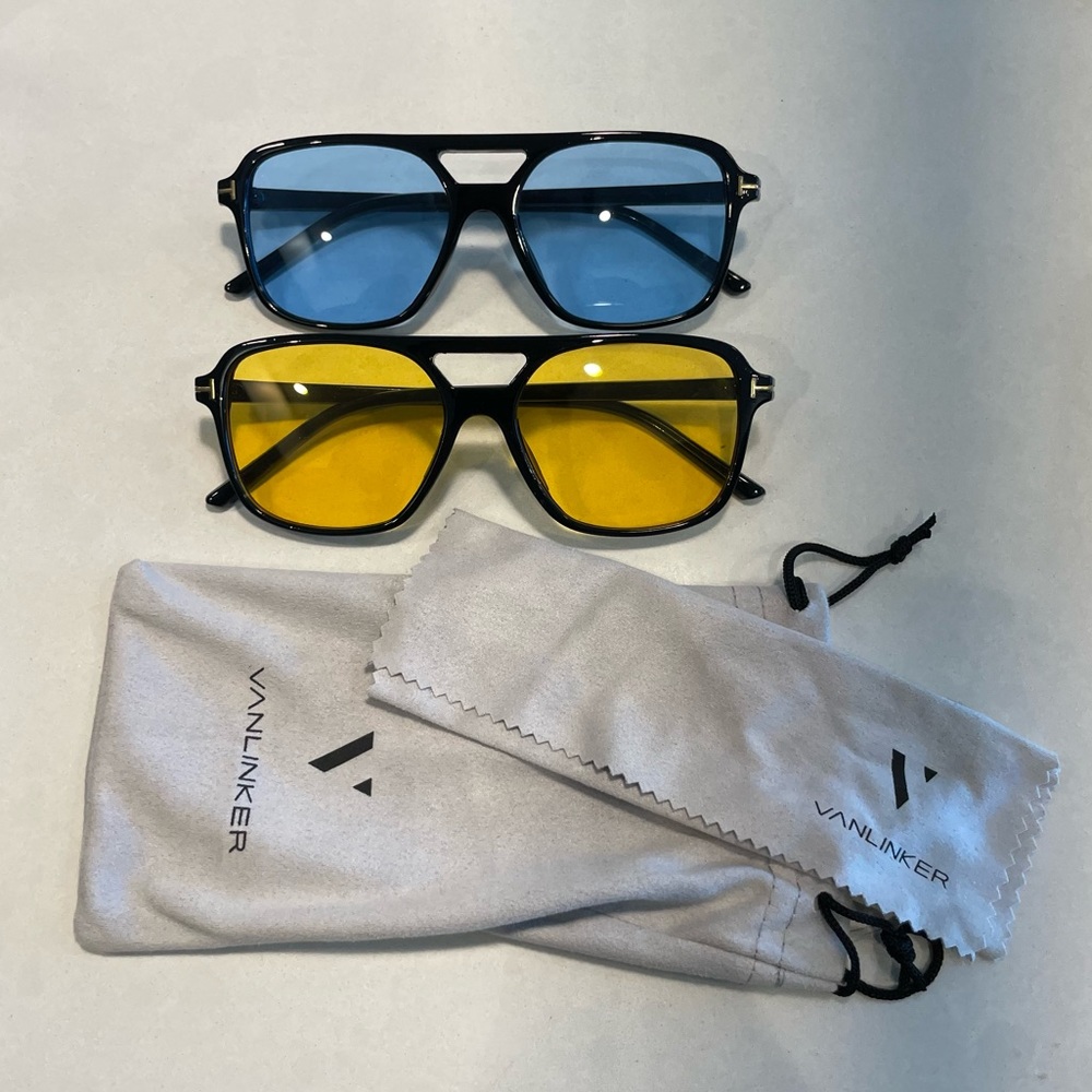 TWO Sunglasses - Blue and Yellow Lens - Retro Black Frame. Great for festivals!